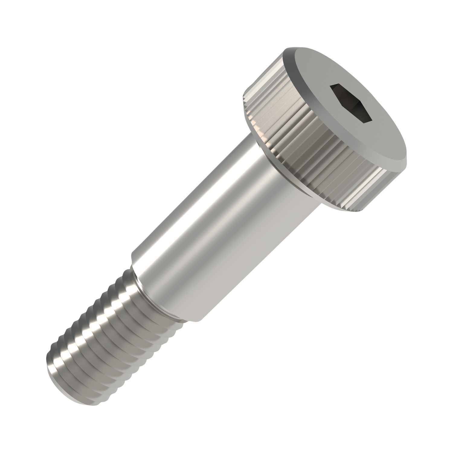 sideways view of silver coloured  ultra low head shoulder screw with hex drive